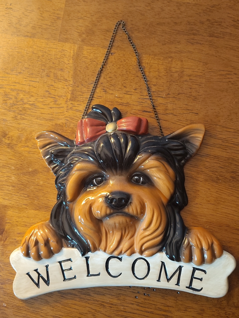 Vintage Ceramic Yorkie Welcome Wall Hanging with Red Bow